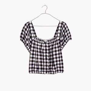 Madewell Linen-Blend Puff-Sleeve Button-Front Crop Top in Gingham Check